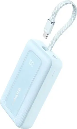 Anker Zolo Portable Charger, 10,000mAh 30W Power Bank with Built-in Lanyard USB-C Cable for Travel, Fast Charging Battery Pack for iPhone 16/15 Series, MacBook, Galaxy, iPad, and More Blue