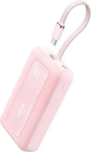 Anker Zolo Portable Charger, 10,000mAh 30W Power Bank with Built-in Lanyard USB-C Cable for Travel, Fast Charging Battery Pack for iPhone 16/15 Series, MacBook, Galaxy, iPad, and More Pink