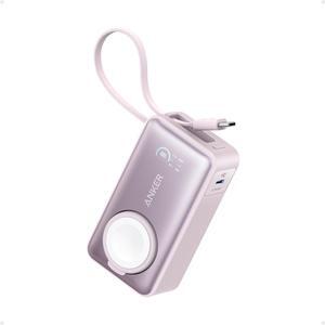 Anker MagGo Power Bank for Apple Watch, Officially Certified, 10,000 mAh Compact Battery Pack with Built-in USB-C Cable, 35 W Max, for iPhone 15 Series, Samsung, iPad, AirPods and More Pink