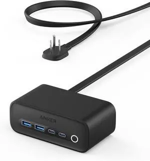 Anker 525 Charging Station, 5 ft Thin Cord and Flat Plug, 7-in-1 USB-C Power Strip for iPhone 16/15, 3 AC, 2 USB-A, 2 USB-C,65W Power Delivery Desktop Accessory for MacBook Pro,Office