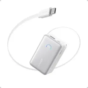Anker Nano Power Bank, 10,000mAh Portable Charger with 2.3 ft InstaCord Retractable Cable, 45W Max Compact Battery Pack, Smart Display, for iPhone 16 / 15 Series, iPad, Galaxy, Pixel, and More White