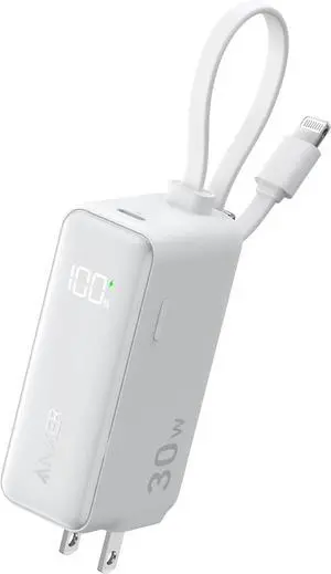 ANKER 3-in-1 Power Bank, 5,000mAh Portable Charger with Built-in Lightning Cable and Foldable AC Plug, 30W Max Compact Battery Pack, for iPhone 14 Series, Galaxy, MacBook, and More White