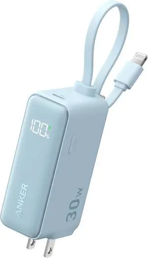 ANKER 3-in-1 Power Bank, 5,000mAh Portable Charger with Built-in Lightning Cable and Foldable AC Plug, 30W Max Compact Battery Pack, for iPhone 14 Series, Galaxy, MacBook, and More Blue