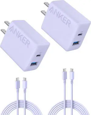 Anker iPhone 16 Charger, 2-Pack 20W Fast USB C Charger Block, for iPhone 16/16 Pro Max/15 Series/iPad Pro and More (White, 2 Pack & 2 Cable) Purple