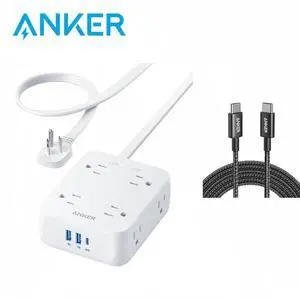 Surge Protector Flat Plug Power Strip 2000J, Anker 5ft Thin Extension Cord with 8 Outlets, 2 USB A and 1 USB C Port, 20W for iPhone15, Wall Mount, Compact for Home, Office, Room, TUV Listed