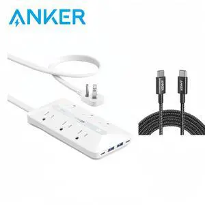 Flat Plug Power Strip 300J, Anker USB C Power Strip, 10-in-1 Ultra Thin Power Strip with 6 AC, 2 USB A and 2 USB C Ports,5ft Extension Cord, Desk Charging Station,Home Office College Dorm Room White