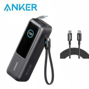 Anker Laptop Power Bank, 25,000mAh Portable Charger with Triple 100W USB-C Ports for Multi-Device Charging, Built-in and Retractable Cables, for iPhone 16/15 Series, MacBook, Samsung, and More Silver