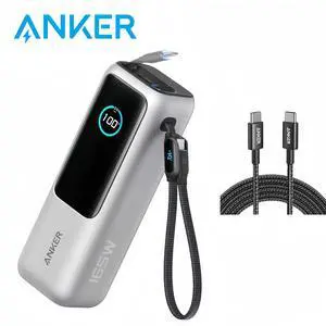 Anker Laptop Power Bank, 25,000mAh Portable Charger with Triple 100W USB-C Ports for Multi-Device Charging, Built-in and Retractable Cables, for iPhone 16/15 Series, MacBook, Samsung, and More Silver