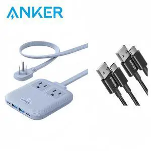 Anker Nano Charging Station, 6-in-1 USB C Power Strip 67W Max with Flat Plug and 5ft Thin Extension Cord, 2 AC, 2 USB A, 2 USB C, Works with iPhone  15/14/13/12, MacBook, for Home & Office blue