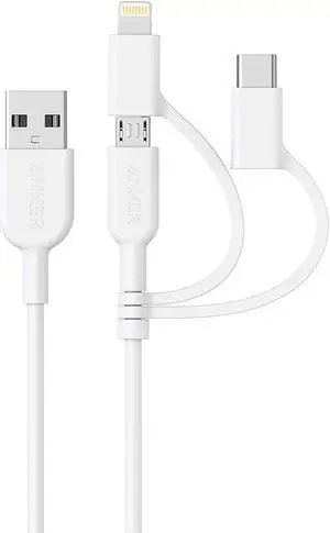 Anker Powerline II 3-in-1 Cable, Lightning/Type C/Micro USB Cable for iPhone, iPad, Huawei, HTC, LG, Samsung Galaxy, Sony Xperia, Android Smartphones, and More(3ft, White) Anker Powerline II 3-in-1 Cable, Lightning/Type C/Micro USB Cable for iPhone, iPad, Huawei, HTC, LG, Samsung Galaxy, Sony Xperia, Android Smartphones, and More(3ft, White)