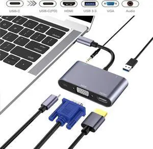 USB C Hub, USB 3.1 Type-C to HDMI VGA Adapter with 4K HDMI, 1080P VGA, USB 3.0, PD Pass-Through Charging, 3.5mm Audio Port, Dual Screens Display for Mac Pro and Other Laptops with Thunderbolt 3 Port