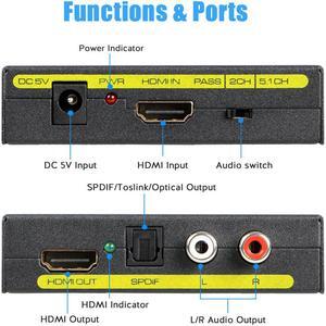 HDMI Audio Extractor, HDMI To HDMI Audio Optical and RCA(L/R) Stereo Analog Outputs Video Audio Splitter Converter for Ruku,Chromecast, Blu-ray Player, Cable Box, Fire TV, Apple TV Support 4K@30Hz