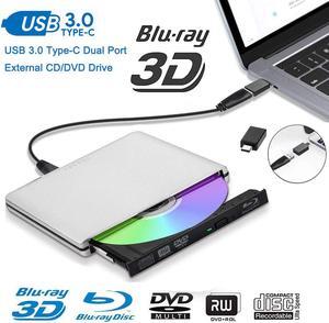 External Blu Ray Drive,LUOM External Blu Ray DVD Drive USB3.0 USB C 3D Bluray Drive Player Burner Writer for Laptop/Mac/MacBook Pro/Air/PC/Windows MacBook Mac Linux OS Apple , Silver