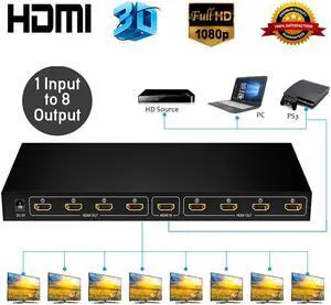 LUOM Hdmi Splitter 1 in 8 Out V1.4b Powered Hdmi Video Splitter with AC Adaptor Duplicate/Mirror Screen Monitor Supports Ultra HD 1080P and 3D Resolutions (1 Input to 8 Outputs)- Adapter Included