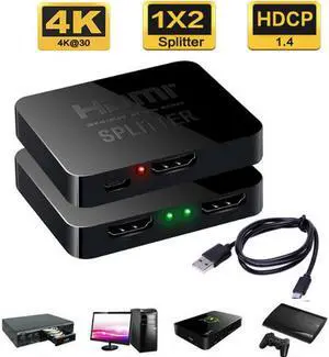 HDMI Splitter 1 in 2 Out 4K, LUOM links HDMI Splitter 1 to 2 Amplifier for Full HD 1080P/ 3D/ 4K Come with USB Cord(1 Source onto 2 Displays)