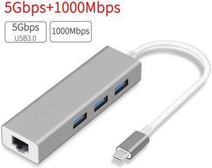 USB C to Ethernet Adapter with 3 USB 3.0,  RJ45 to USB C Thunderbolt 3/Type-C Gigabit Ethernet LAN Network Adapter, for MacBook Pro 16'' 2019/2018/2017, MacBook Air, Dell XPS and More - Gray