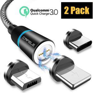 Magnetic Phone Quick Charge 3.0 Charger Cable, New Upgraded 3.0 A Fast Charge & Data Sync 3 in 1 Nylon Braided Magnetic Charging Cable for iOS, Android & Type C Smart Devices (2-Pack, Black, 4ft)