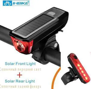 Solar USB Rechargeable 350 Lumens Bike Light Front and Back Bicycle Light Set, USB Headlight & Tail Lights, IPX4 Waterproof for Cycling  Strong Led Flashlights Increase Visibility Safety Rear Light
