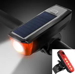 Solar USB Rechargeable Bicycle Light with Back Taillight, Bike Alarm Bell Horn , 4 Light Modes, Easy to Install for Men Women Kids Road Mountain Cycling