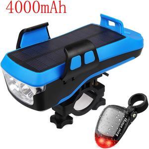 T6 Updated 4000mAh Solar USB Rechargeable 800 Lumens Bike Light Set Battery Removable Road and Mountain Bicycle Headlight and Taillight USB Rechargeable IPX4 Waterproof Up To 12 Hours