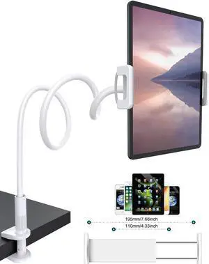 Gooseneck Tablet Holder - Flexible Arm 360 Mount Clip Bracket Clamp Stand Compatible with iPhone SE 11 Pro XS Max XR X, Samsung, Switch, ipad, Kindle and More 4.7-10.6inch Devices (White)
