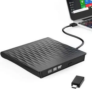 External DVD Drive, USB 3.0 Type C CD Drive, Dual Port DVD Player, Portable Optical Burner Writer Rewriter, High Speed Data Transfer for Laptop Notebook Desktop PC MAC OS Windows 7/8/10, Black
