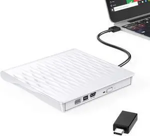 External CD DVD Drive, USB 3.0 Type-C Portable CD/DVD /-RW Drive/DVD Optical Drive disc Player for Laptop Slim CD ROM Rewriter Burner Compatible with Mac Laptop Desktop PC Windows Linux OS(White)