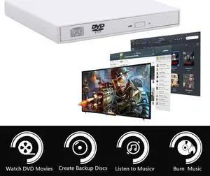 LUOM DVD Player for Laptop, USB 2.0 Portable External CD DVD Drive, Drive Slim CD ROM Rewriter Burner Compatible with Laptop Desktop PC Windows Linux (KBDVD001, White)