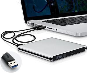 Aluminum External DVD Drive, USB 3.0&Type-C Dual Port DVD Player, Portable Optical Burner Writer Rewriter, High Speed Data Transfer for Laptop Notebook Desktop PC MAC OS Windows, Silver
