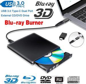 Aluminum External CD DVD Blu-Ray Burner Player Drive, USB 3.0 Type-C Portable CD/DVD /-RW Drive/DVD Optical Drive disc Player for Laptop Slim CD ROM Rewriter Burner for Mac Laptop Desktop PC (Black)