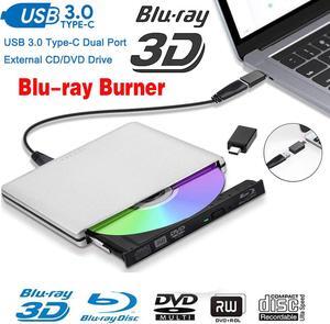 Aluminum External CD DVD Blu-Ray Burner Player Drive, USB 3.0 Type-C Portable CD/DVD /-RW Drive/DVD Optical Drive disc Player for Laptop Slim CD ROM Rewriter Burner for Mac Laptop Desktop PC (Silver)