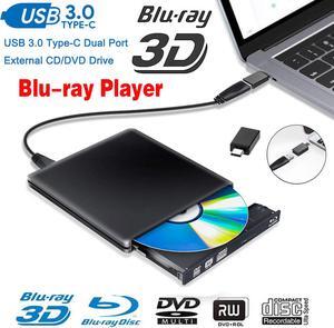 Aluminum External CD DVD Blu-Ray Player Drive, USB 3.0 Type-C Portable CD/DVD /-RW Drive/DVD Optical Drive disc Player for Laptop Slim CD ROM Rewriter Burner for Mac Laptop Desktop PC (Black)