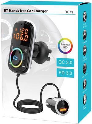 LUOM BC71 Bluetooth 5.0 Car Adapter, QC3.0+USB-C 18W Fast Charger Wireless Bluetooth Car FM Transmitter, Car Bluetooth Adapter with 7 LED Backlit, Hands-Free Calls, 2 USB Ports+USB-C, Support TF Card