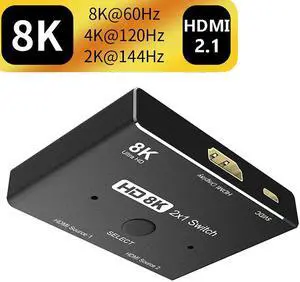 Ultra HD 8K Switcher , HDMI 2.1 Switcher 2 in 1 out 8K@60Hz 4K@120Hz Ultra HD KVM Switcher 2x1 Adapter for PS4/5 TV Box HDTV Xbox Projector