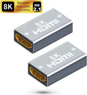 2 Pack 8K HDMI Adapter Gold Plated HDMI Aluminum Alloy Female to Female Connector Supports 3D 8K HDMI Extender for TV Stick Roku Stick Chromecast Xbox PS5 PS4