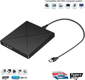 LUOM External DVD CD Drive , USB 3.0 Type-C Portable CD/DVD ROM +/-RW Drive/DVD Player Rewriter Burner Support SD cards Reader Compatible with Laptop Desktop PC Windows Apple Mac