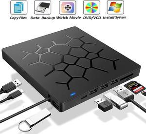 7 -in-1 External DVD Drive with 4 USB Ports and 2 SD Card Slots, USB 3.0 External DVD CD ROM Drive, USB-C External DVD Player, Portable DVD +/- RW Optical Drive for Windows 7/8/10/Linux