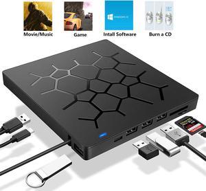 LUOM External DVD Drive DVD Player with 4 USB Ports and 2 SD Card Slots for Laptop Portable USB Tpye-C CD/DVD+/-RW Drive/DVD Player CD ROM Burner Compatible with Windows Linux OS Apple Mac