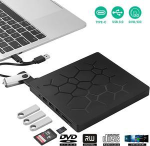 2022 New External DVD Drive USB 3.0/Type-C Portable Pop-up CD/DVD+/-RW Burner Player USB C Superdrive CD ROM with 4 USB Ports and 2 SD Card Slots for Laptop Mac MacBook Pro Air Windows Desktop PC