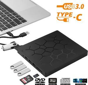 2022 NewExternal DVD Drive with 4 USB Ports and 2 SD Card Slots, USB 3.0 Type-C CD DVD +/-RW Optical Drive USB C Burner Slim CD/DVD ROM Rewriter Writer Reader Portable for Laptop Desktop MacBook