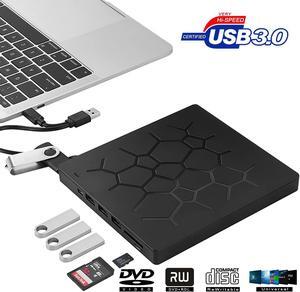 Multifunct External CD DVD Drive with 4 USB Ports and 2 SD Card Slots,7 -in-1 USB 3.0/Type-C Slim Protable External CD-RW Drive DVD-RW Burner Writer Player for Laptop Notebook PC Desktop Computer
