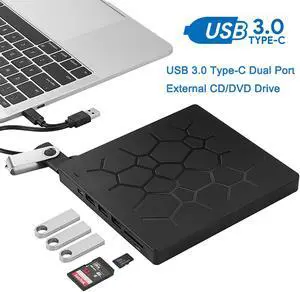 LUOM External CD DVD Drive USB 3.0 Type-C Portable CD/DVD ROM Drive Burner Rewriter with 4 USB Ports and 2 SD Card Slots for Windows Linux Mac Laptop Desktop, MacBook Pro/Air, iMac