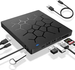 7 -in-1 CD DVD Drive USB 3.0 and Type-C Portable CD/DVD Player for Laptop CD Drive Reader Writer Burner with 4 USB Ports and 2 SD Card Slots Compatible with Laptop Desktop PC Windows Linux Apple Mac