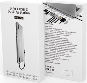 USB C Docking Station, 14 in 1 Laptop Docking Station Dual Monitor, with 4K- HDMI, VGA, Gigablit Ethernet, 5 USB, SD/TF Card Reader,Audio Port Compatible with MacBook/Surface/HP/Dell