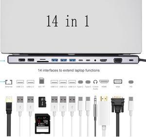 USB C Docking Station Adapter, USB C Laptop Docking Station 14 in 1 Dual Display Multiport Dongle, Type C Hub with VGA,Gigablit, HDMI, 87W PD, 5 USB,3.5mm Audio and SD/TF Card Reader for HP/Dell
