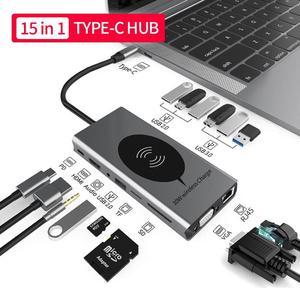 USB C Docking Station, 15 in 1 Laptop Docking Station Dual Monitor, with 4K- HDMI, VGA, Gigablit Ethernet, 7 USB, SD/TF Card Reader,Audio Port,Wireless Charging Compatible with MacBook/Surface/HP/Dell