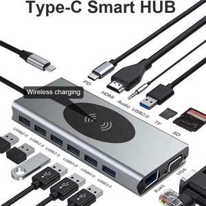 Dual Display USB Type C HUB with to VGA HDMI, Displayport, PD3.0, Ethernet, 7 USB Ports, SD/TF,Wireless Charging Multiport Adapter Docking Station Dongle for MacBook Air Pro and More