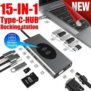 USB C Hub Multiport Adapter, 15 in 1 USB-C Dongle to HDMI; VGA; SD/MicroSD Card Reader; Gigabit; 4 USB 2.0; 3 USB 3.0; 2 USB-C, PD; Audio Jack,Wireless Charging for Windows Type C Laptops