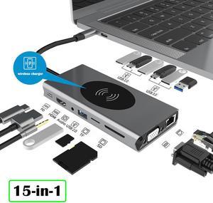 15 in 1  Docking Station, Type C Multiport Adapter for MacBook Pro/Air, Mac Dongle with Wireless Charging,HDMI, Gigabit, VGA, PD Port, 7 USB 3.0/2.0, SD/TF Card Reader and Mic/Audio,87W Power Delivery