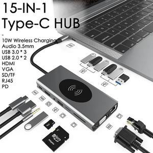 USB C Docking Station Adapter, 15 in 1 Dual Display Multiport Dongle, Type C Hub with Wireless Charging,VGA,Gigablit, HDMI, 87W PD, 5 USB,3.5mm Audio and SD/TF Card Reader for HP/Dell